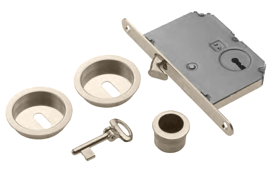 Комплект ручек для раздвежных дверей ART.54/B NIS с пальчиковой ручкой, замком и ключом, цвет матовый никель, латунь фото купить Москва
