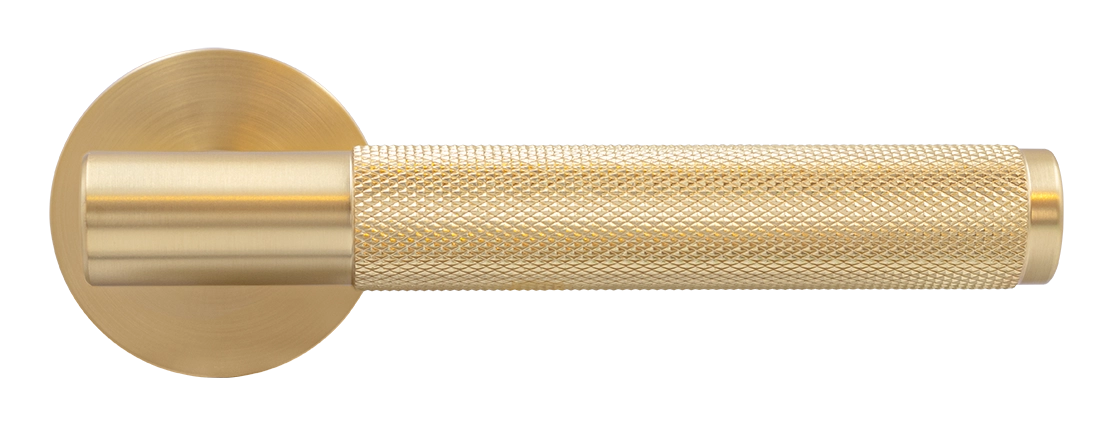 Ручка дверная AZRIELI MH-57-R6T MSG раздельная на круглой розетке, цвет матовый сатинированный золото, ЦАМ фото купить в Москве