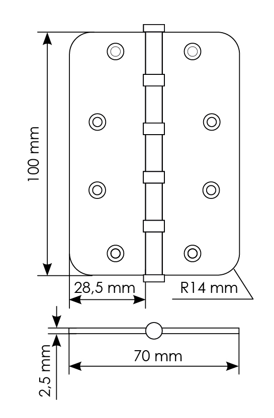 Петля стальная MSN-C 100X70X2.5-4BB SG скругленная универсальная с подшипником, вес полотна до 40 кг, цвет матовое золото фото купить в Москве